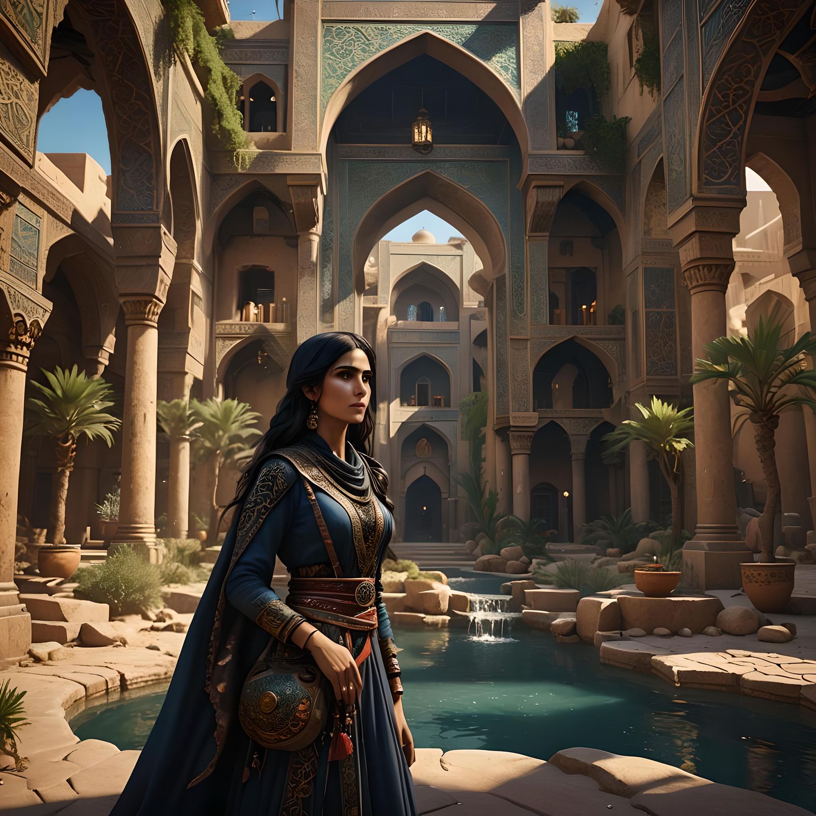 Iranian Lady at Oasis: Detailed Matte Painting