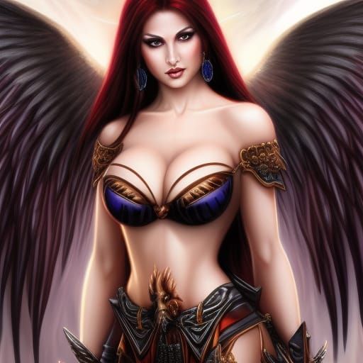 beautiful demon girl wings, horns Anne Stokes style