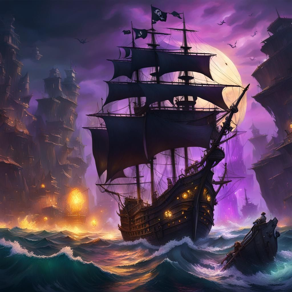 Epic Pirate Ship Battle in Dark Fantasy Style