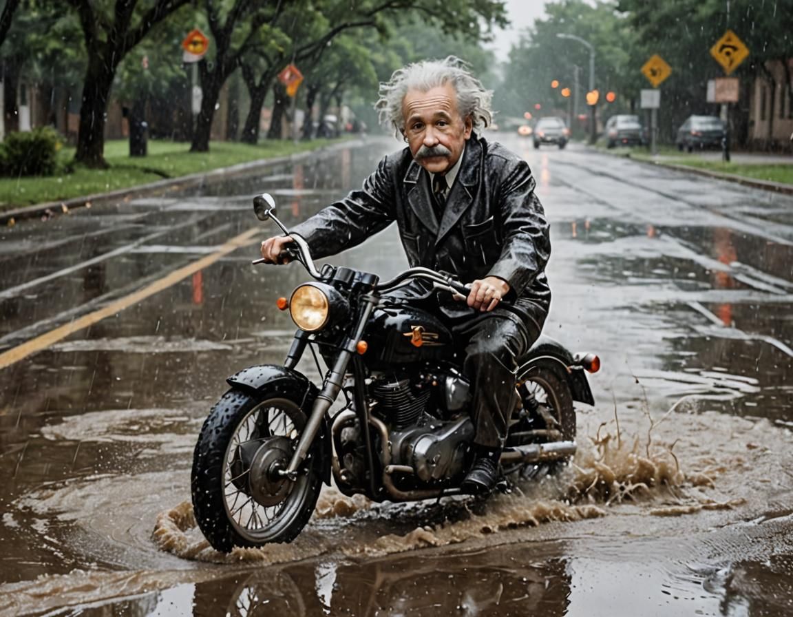 Einstein Rides Motorcycle Through Rain
