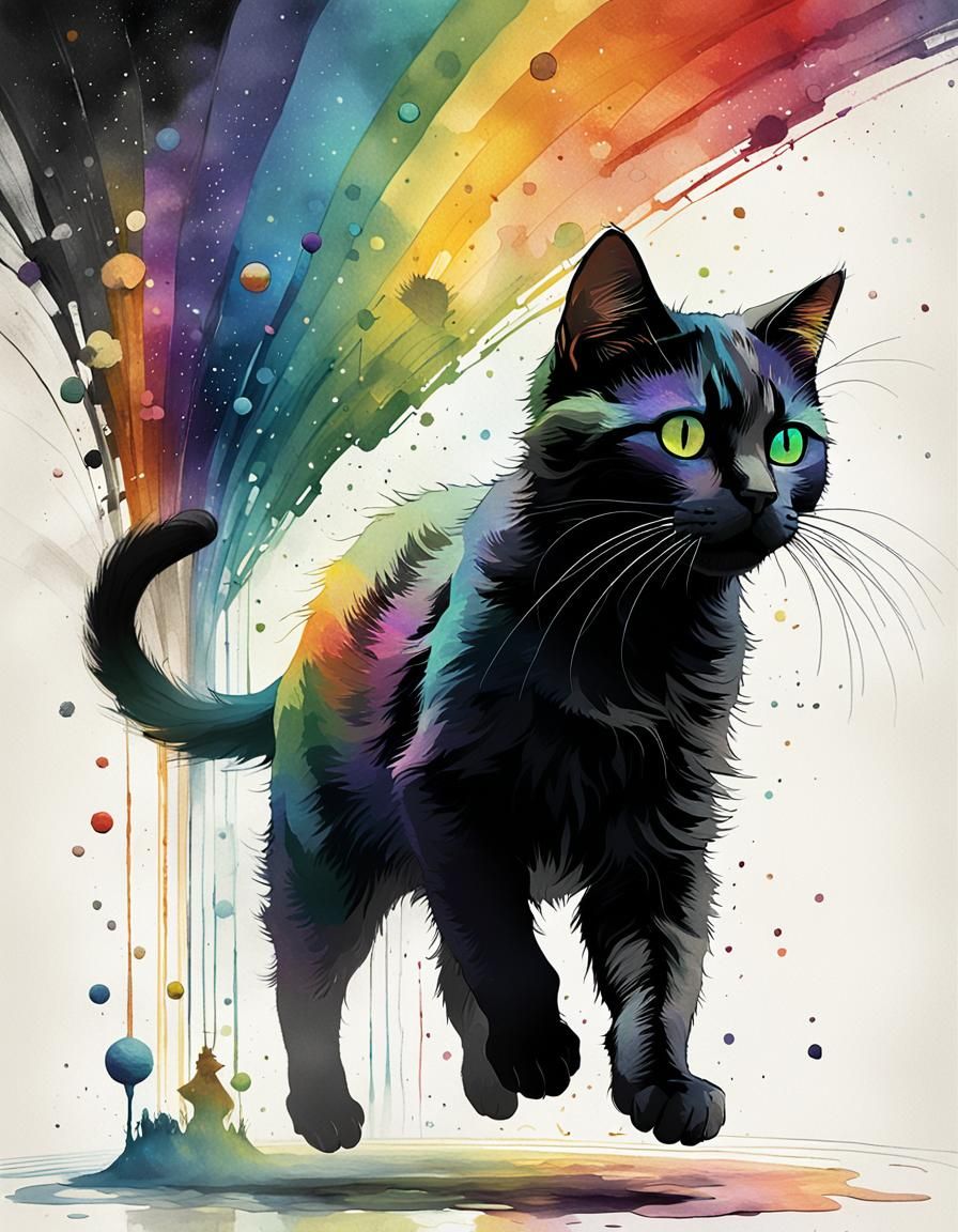 Prismatic Rainbow Cat Clip Art in Organic Style