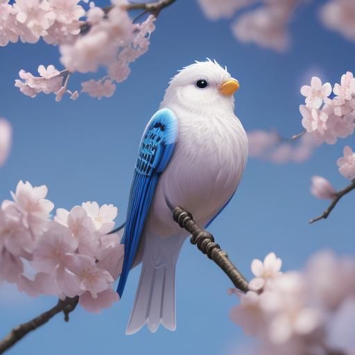 Electric Blue Bird in Cherry Blossom Tree