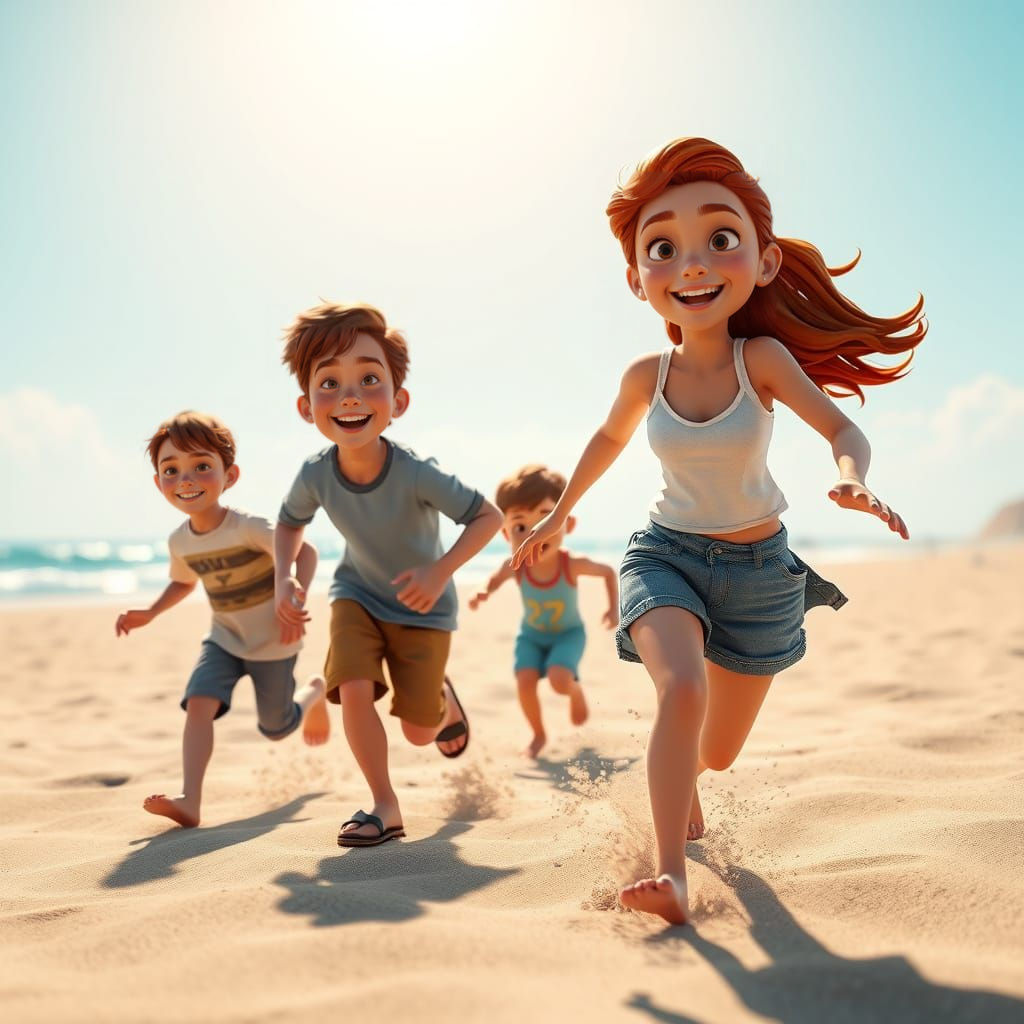 Kids Play at Beach: Pixar-Style 3D Digital Art