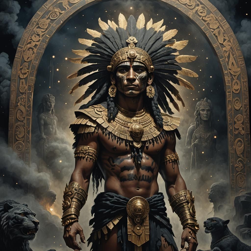 Mystical Aztec God Tezcatlipoca Stands Before the Obsidian M...