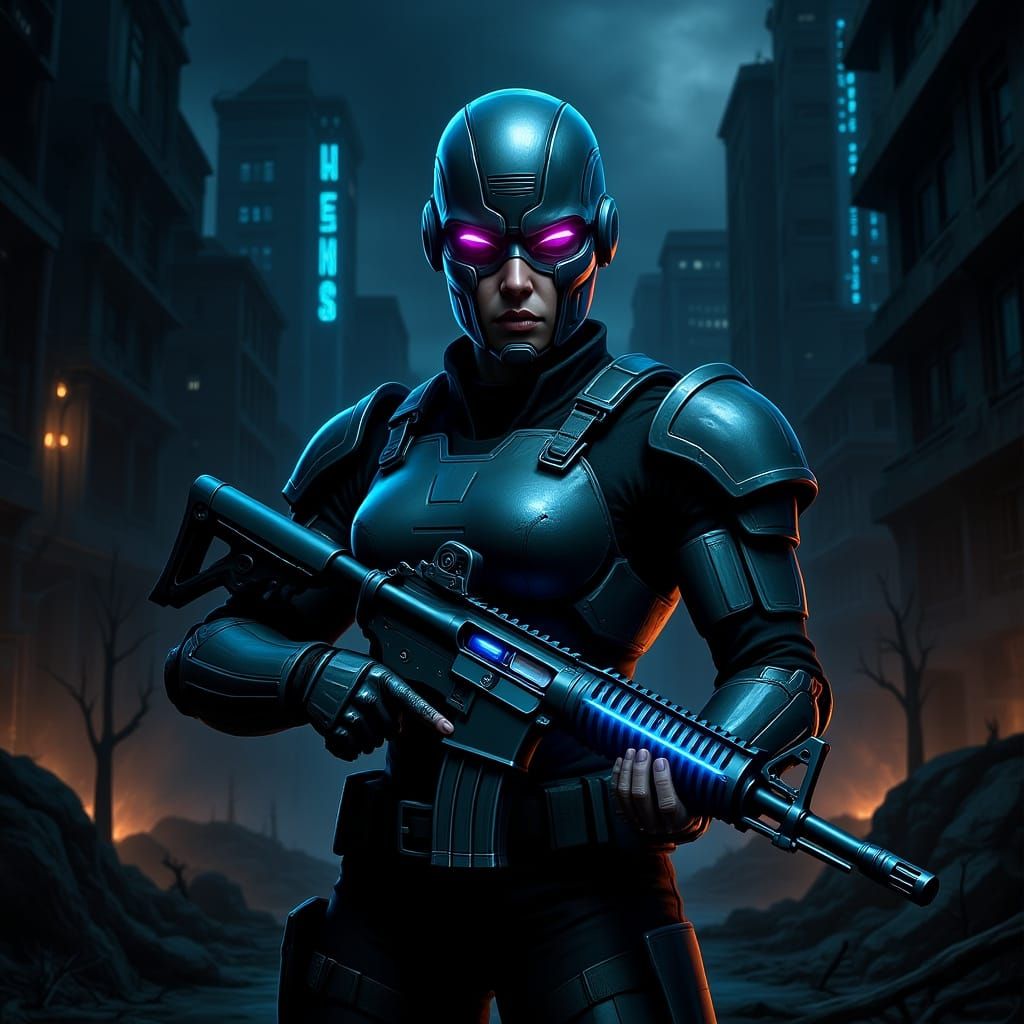 Futuristic US Marine in Cyberpunk Cityscape