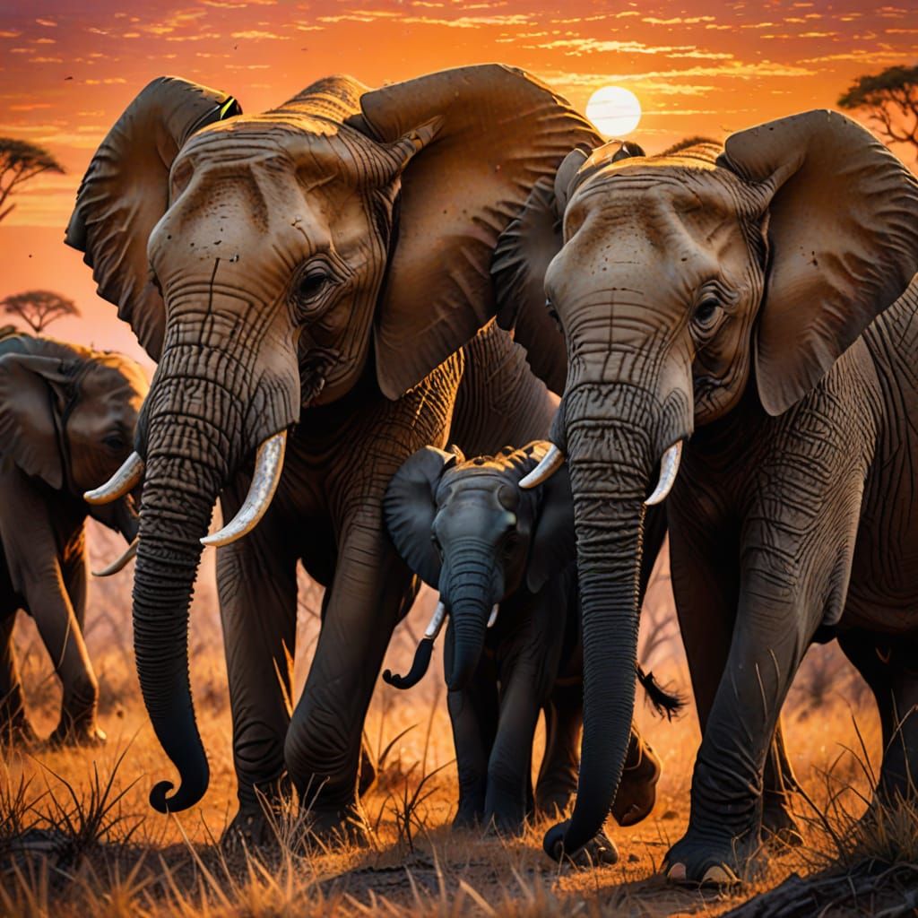 Elephant in Sunset Savanna with Baby Elephants