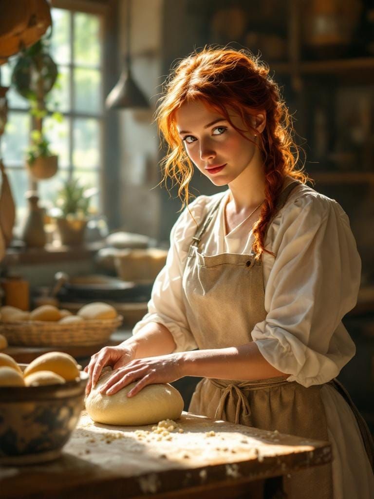Redhead Baker Kneading Dough in Nostalgic Lighting