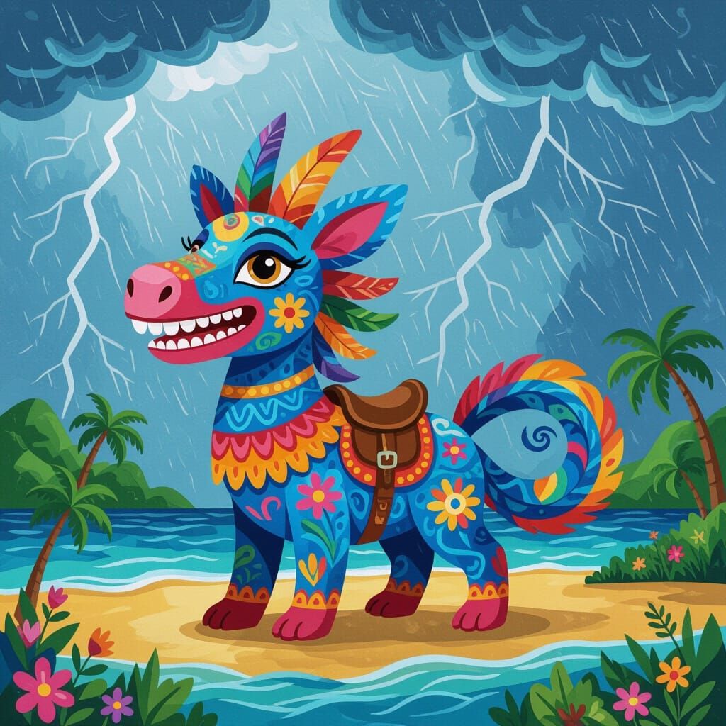 Alebrije Adventurer on Island During Thunderstorm