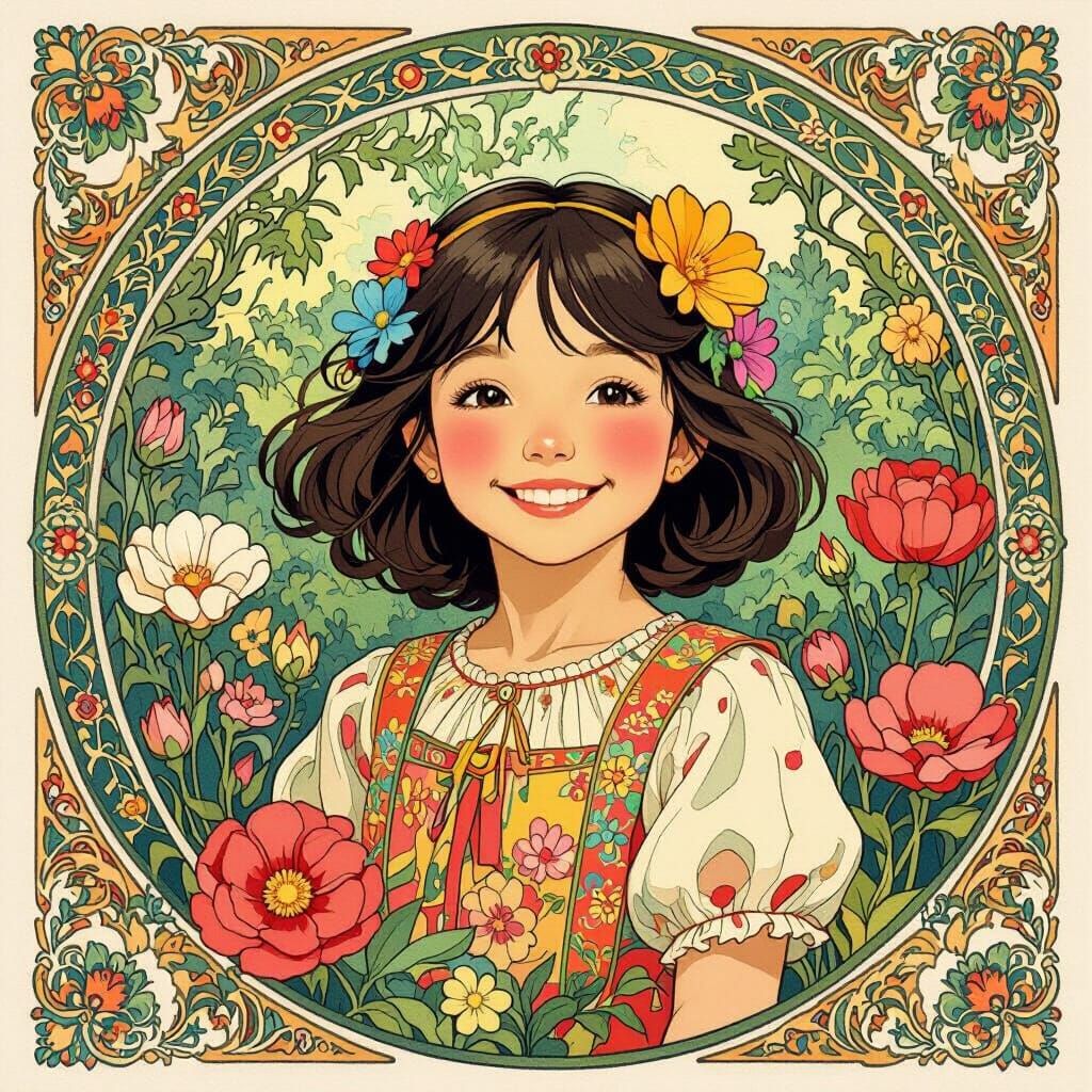 Young Girl Among Flowers in Art Nouveau Style