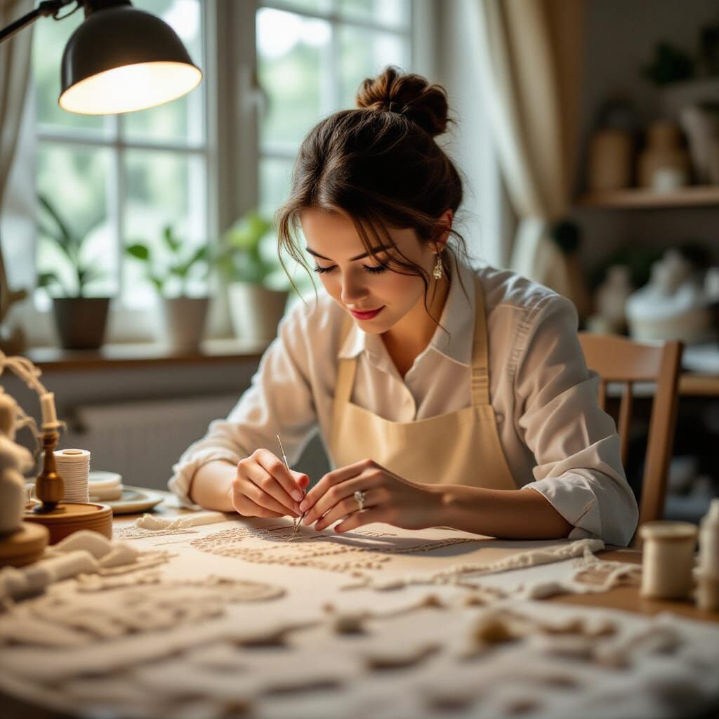 Tiny Seamstress Crafting Needlework in Soft Light