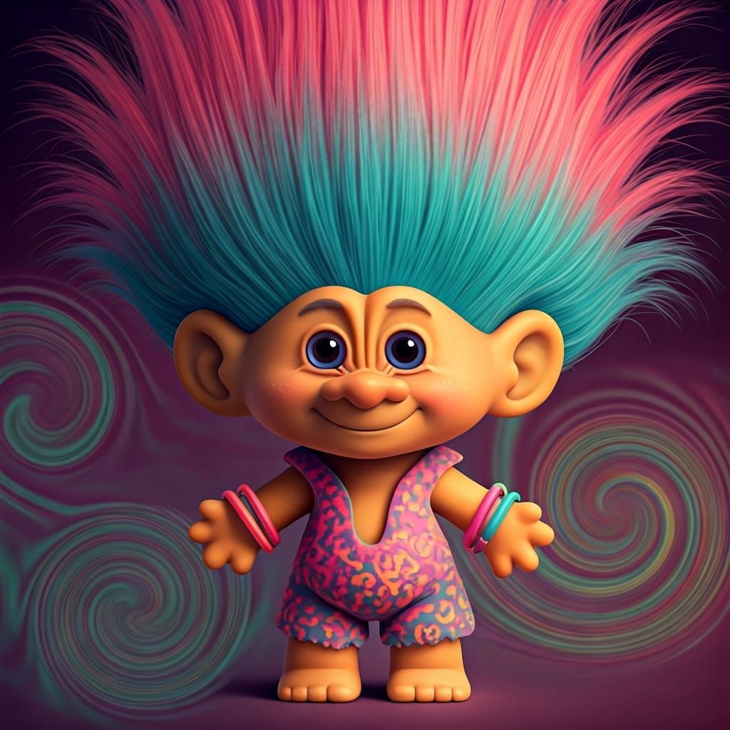Vibrant 80s Trolls with Neon Hair and Clothing