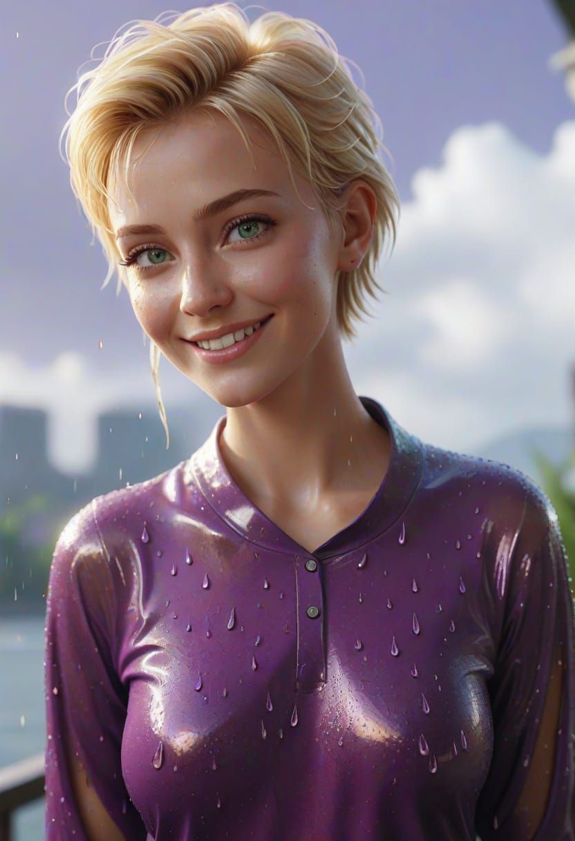 Smiling Woman in Rain, Hyperrealistic Close-Up