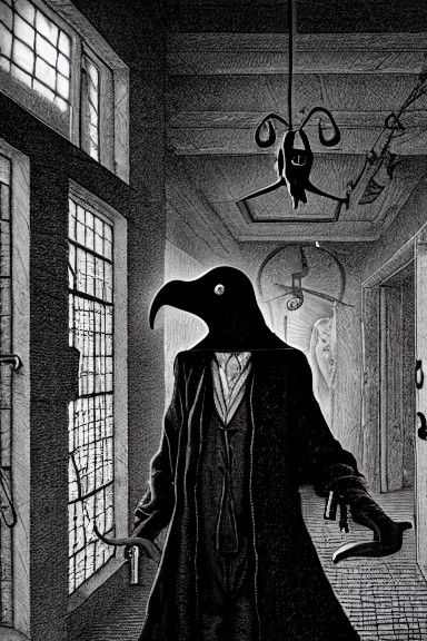 Plague Doctor in Post-Apocalyptic Hospital, Pen and Ink