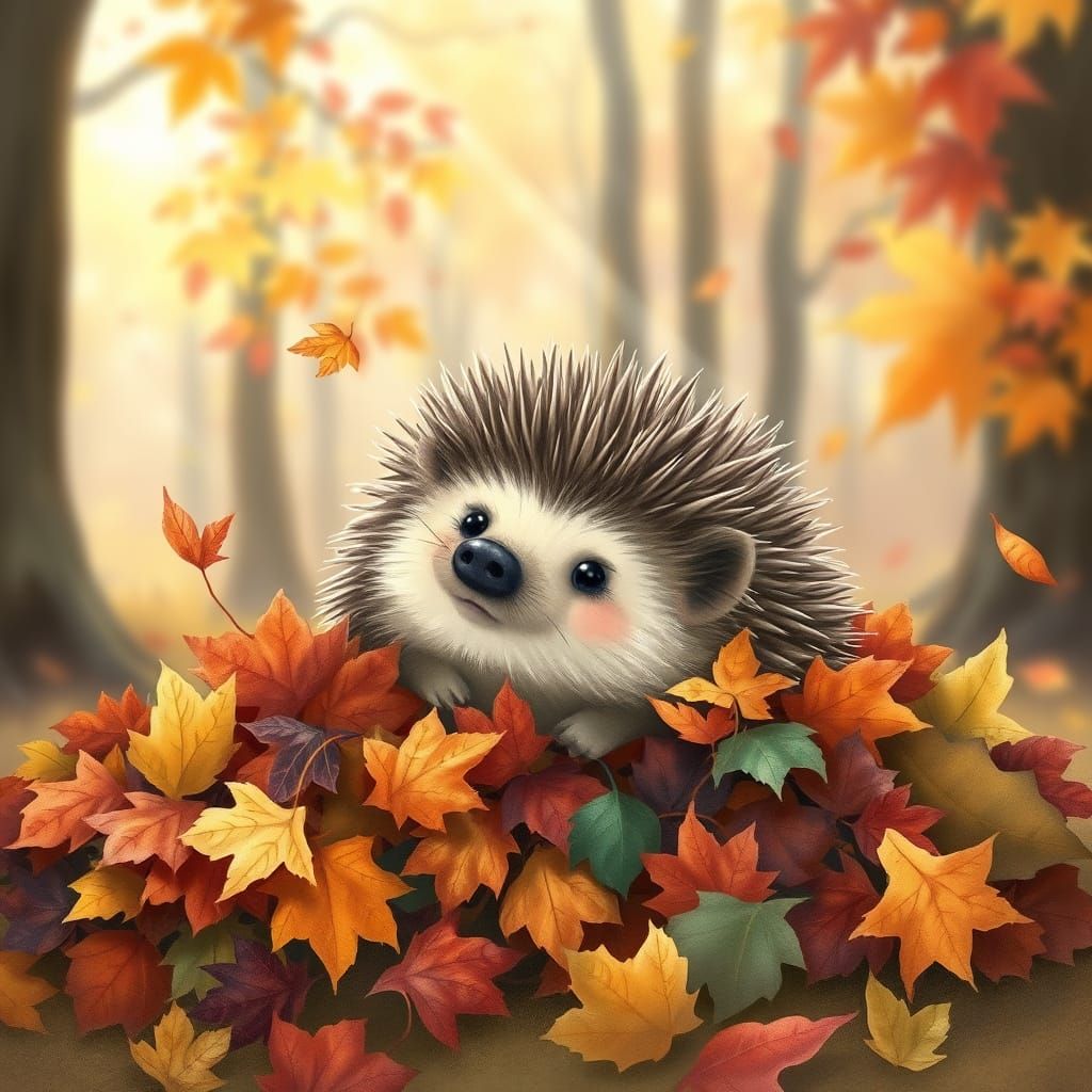 Shy Hedgehog Among Autumn Leaves in Whimsical Style