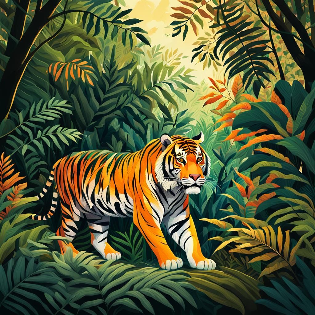 Majestic Tiger in Jungle, Rousseau-Inspired Illustration