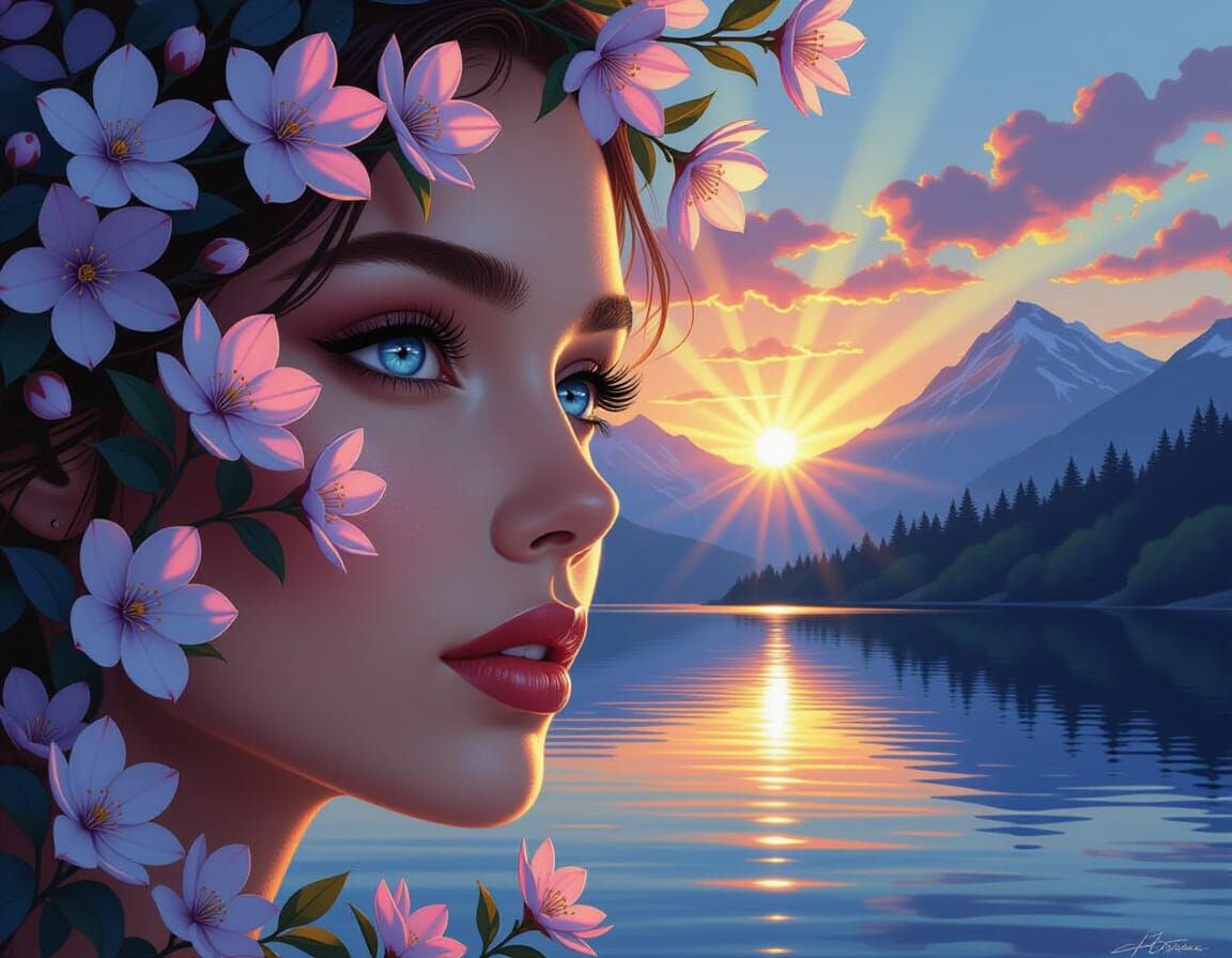 Woman's Face Merging with Tranquil Landscape
