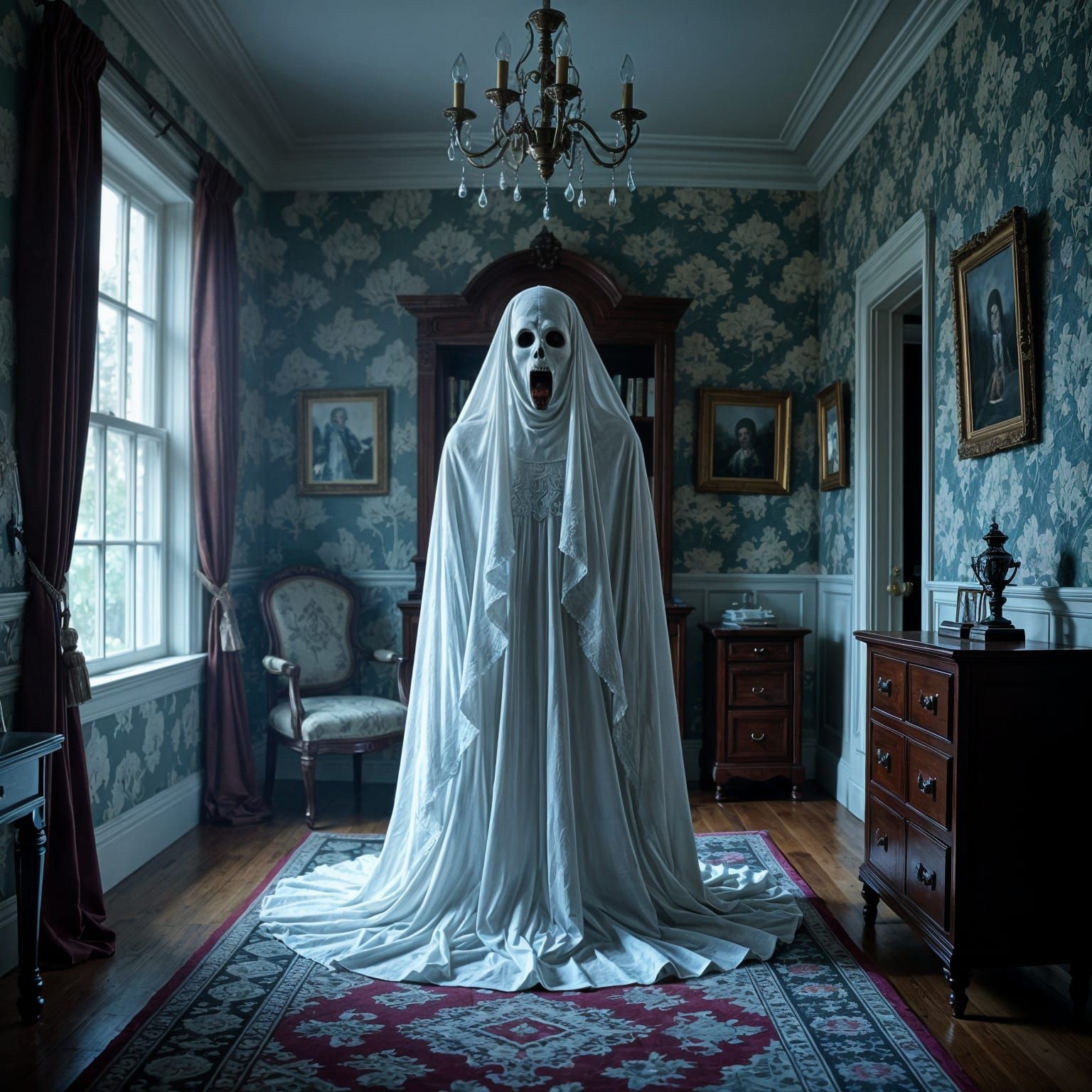 Scary Spooky Eerie Screaming Spectre in Haunted Room