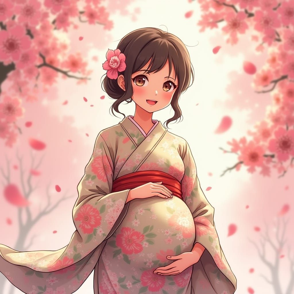 Pregnant Anime Girl in Cherry Blossom Garden, Ghibli Style