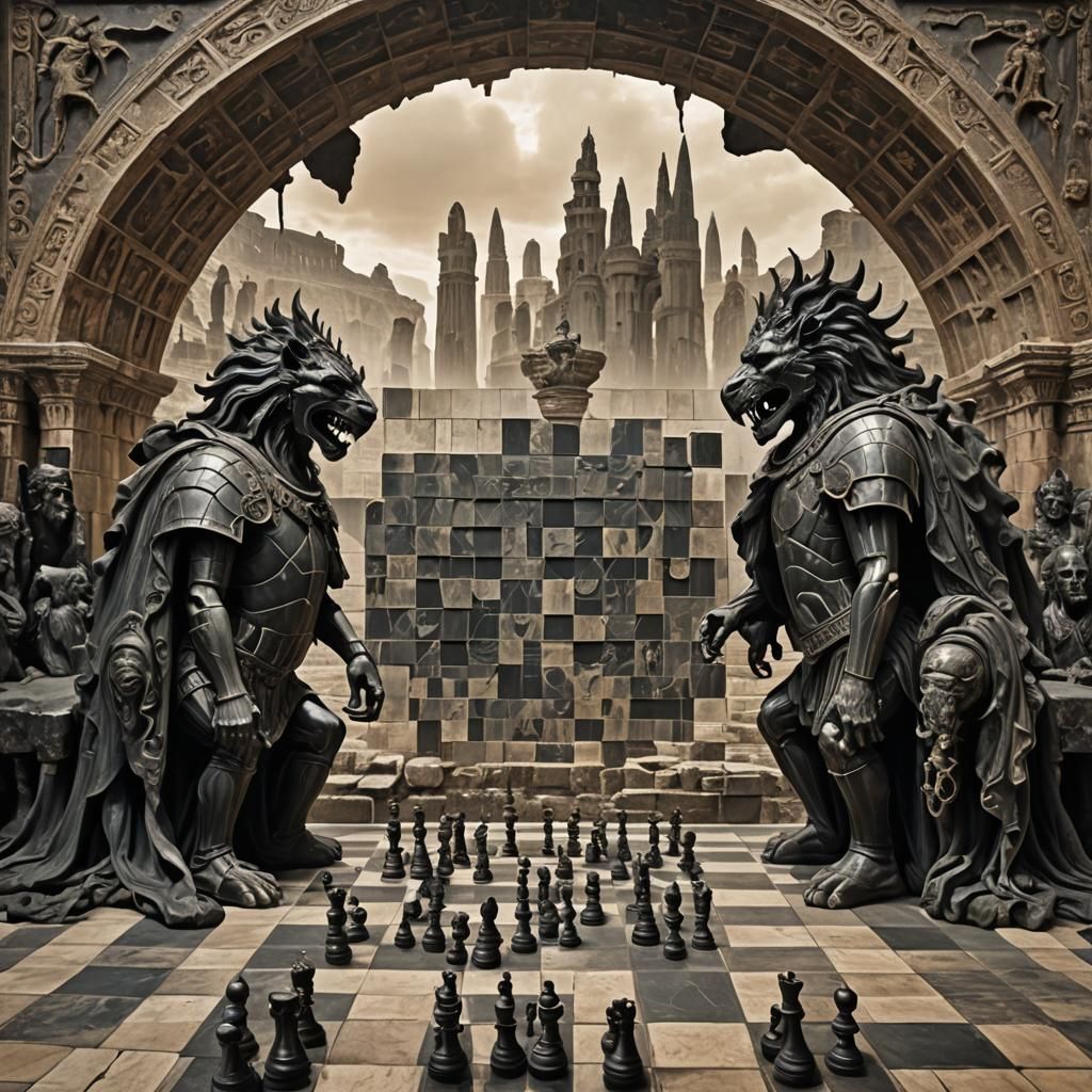 Obsidian Chessboard Coliseum with Ghostly Warriors
