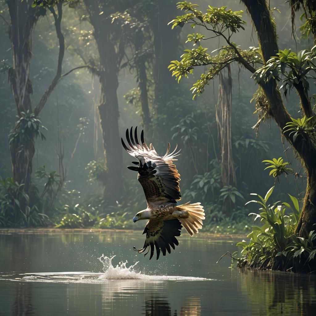 Philippine Eagle Hunting Over Misty Lake: Digital Art