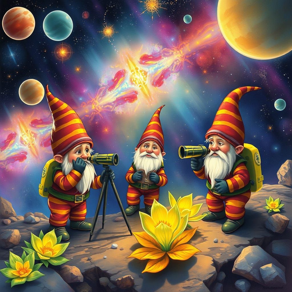 Whimsical Gnomes Exploring Nebula in Storybook Style