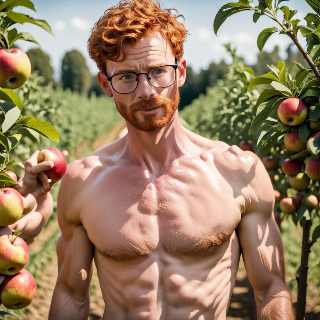 Redhead Farmer Wiping Sweat in Apple Orchard