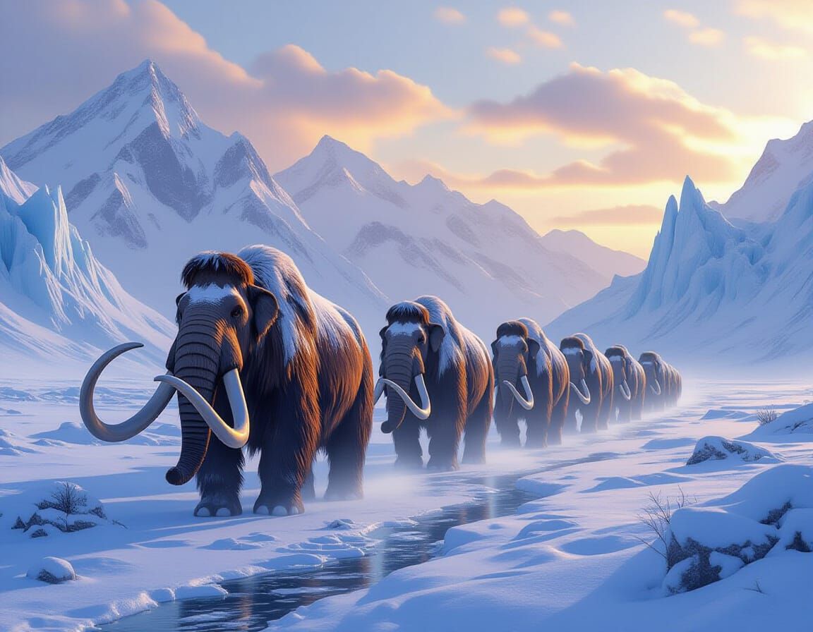 Woolly Mammoths Roam Ice Age Tundra at Sunrise