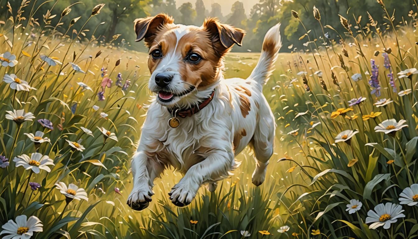 Golden Jack Russell Runs Through English Meadow