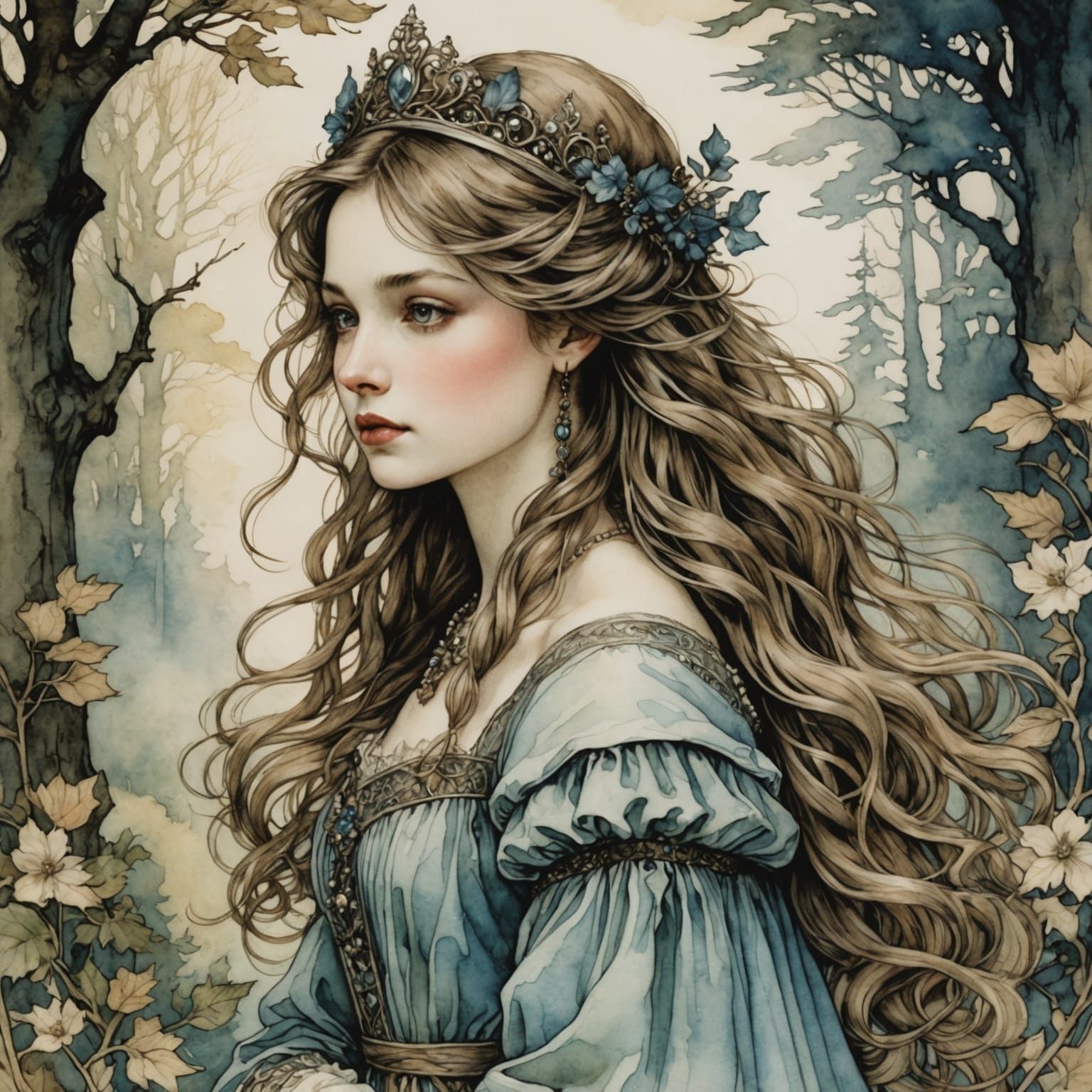 Watercolor Princess in Arthur Rackham Style
