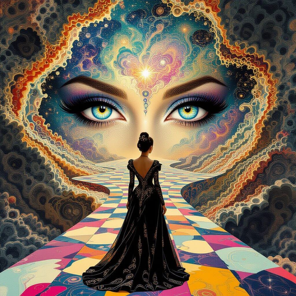 Surreal Woman with Galaxy Eyes in Fractal Dreamscape