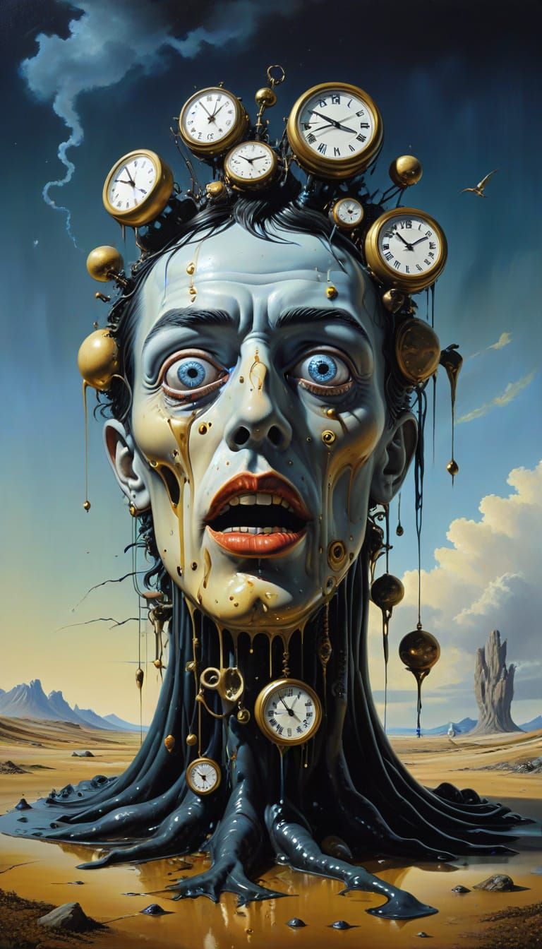 Surreal Dreamscape with Bizarre Figures and Melting Objects