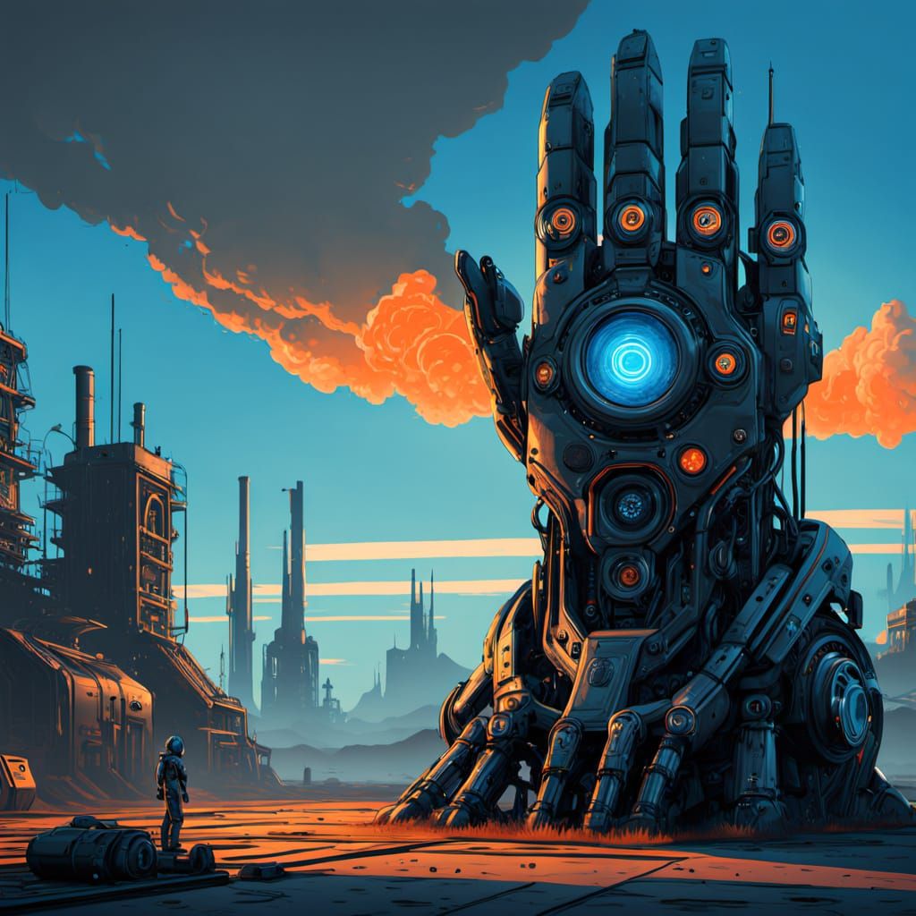 Robotic Form in Neon-Lit Industrial Landscape