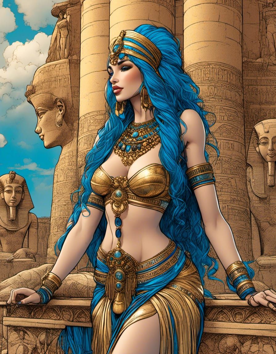 Egyptian Queen with Blue Hair in Graphic Novel Style