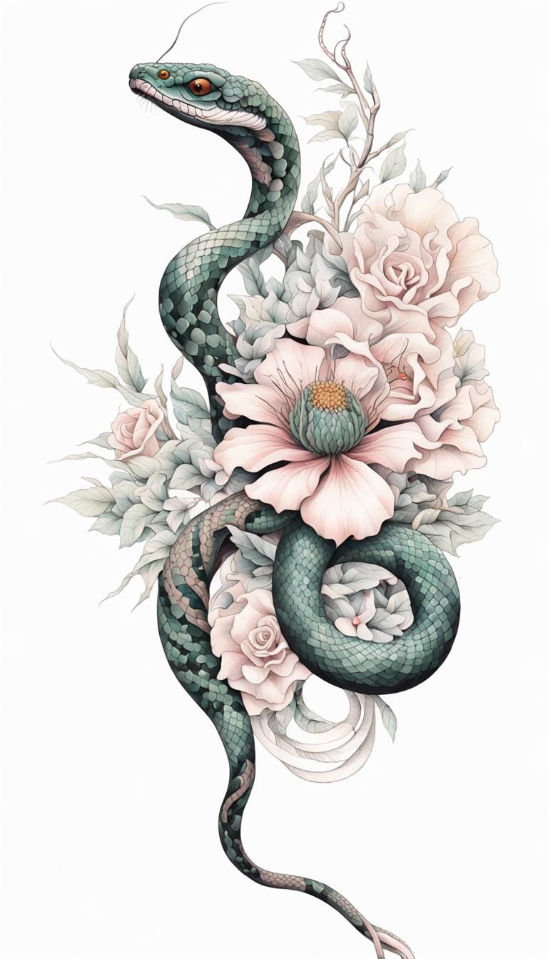 Snake and Flower Tattoo in Pastel Colors
