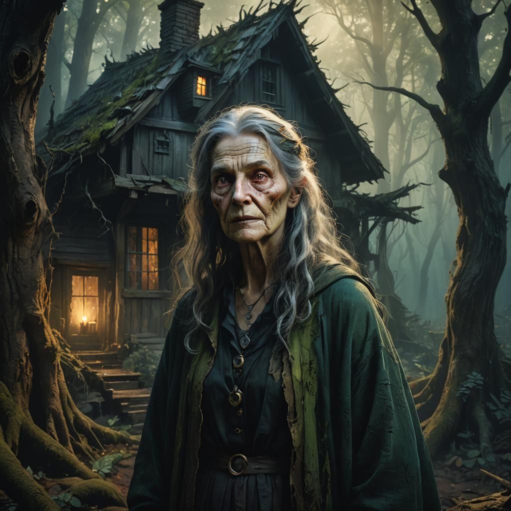 Creepy Witch in Dark Forest: Hyperrealistic Concept Art