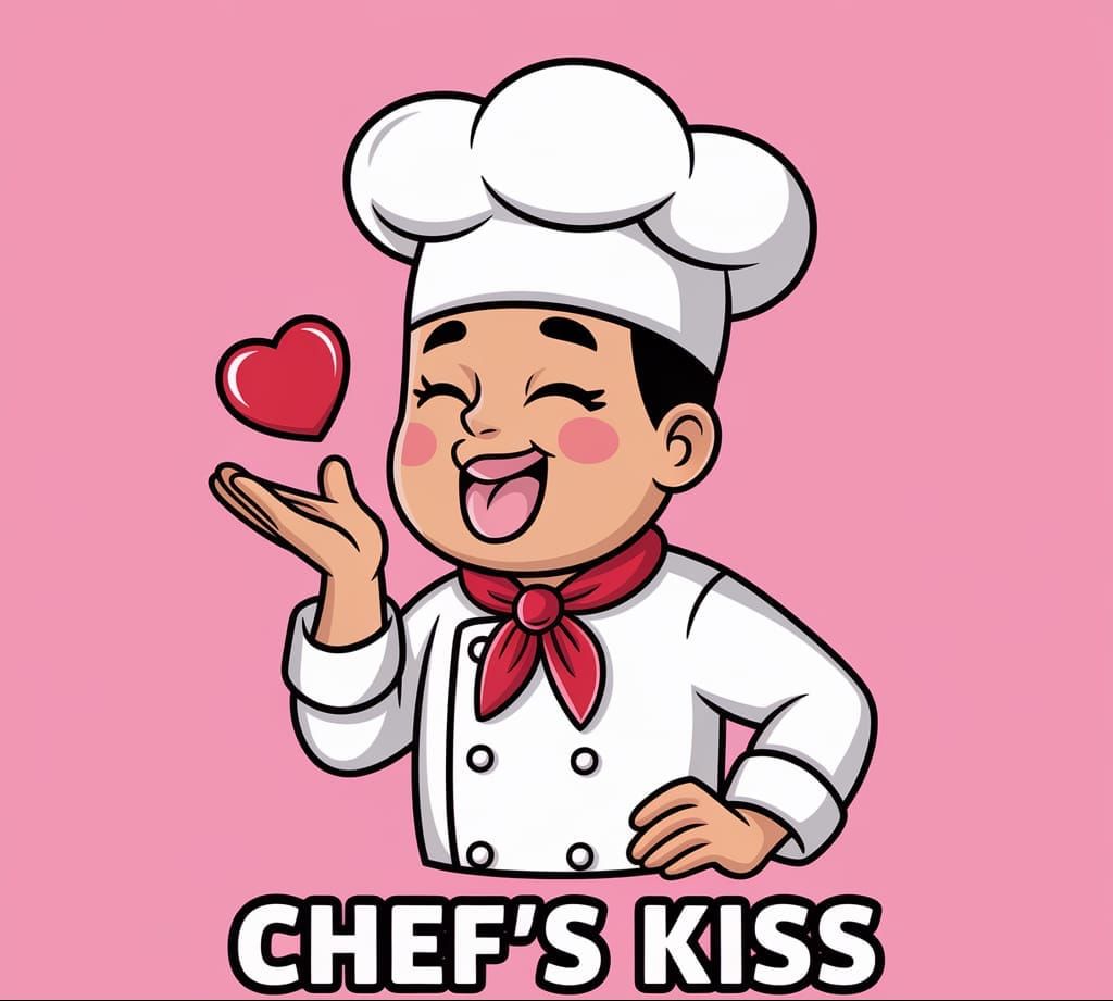 A happy cartoon chef blowing a kiss and the caption "Chef's Kiss" by artist "anime", Anime Key Visual, Japanese Manga, P...