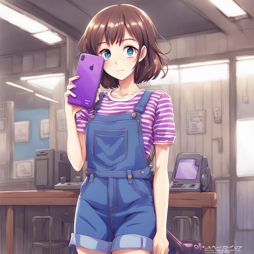 Anime Style Girl with Phone in Denim Overalls