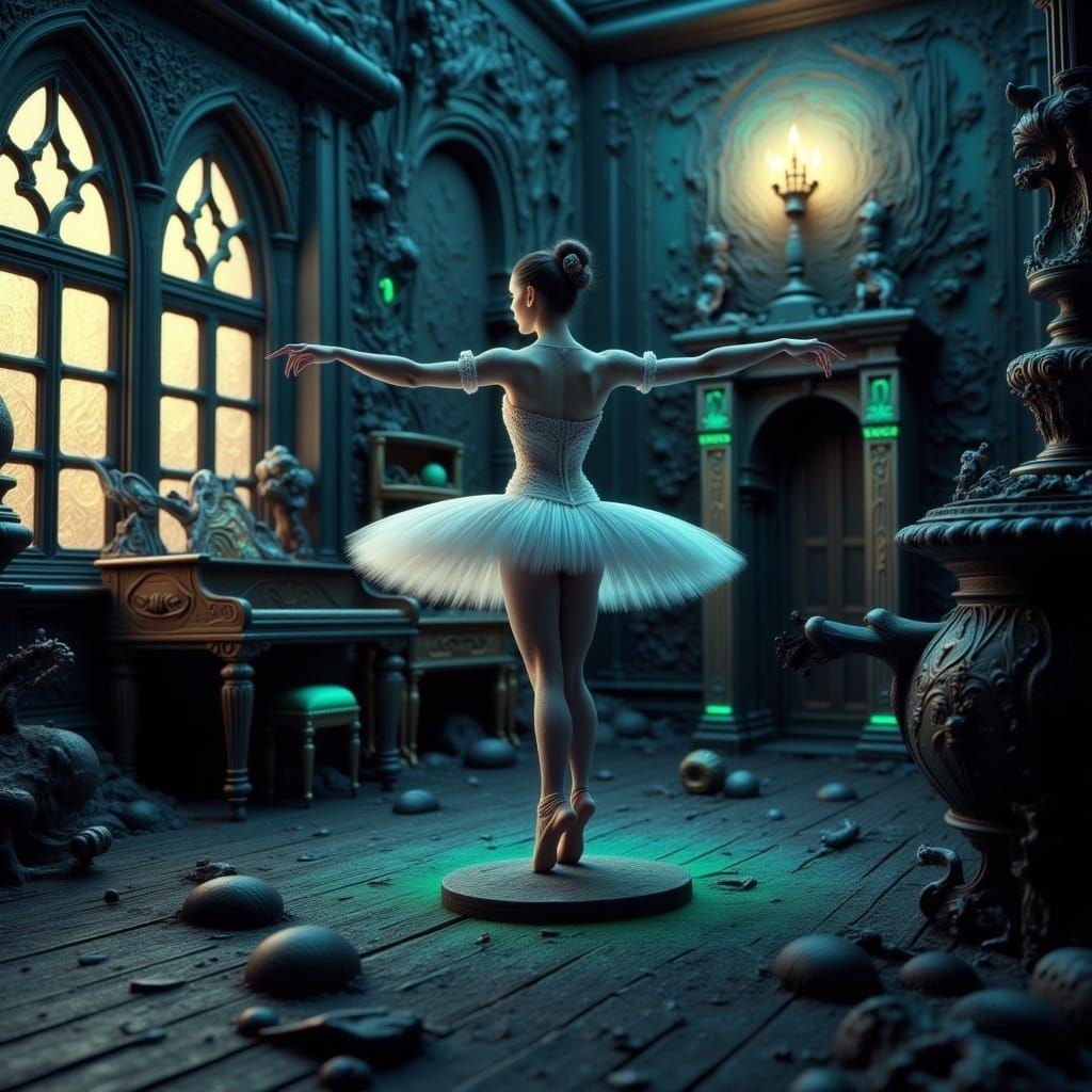 Ethereal Ballerina in Moonlit Ballet Studio