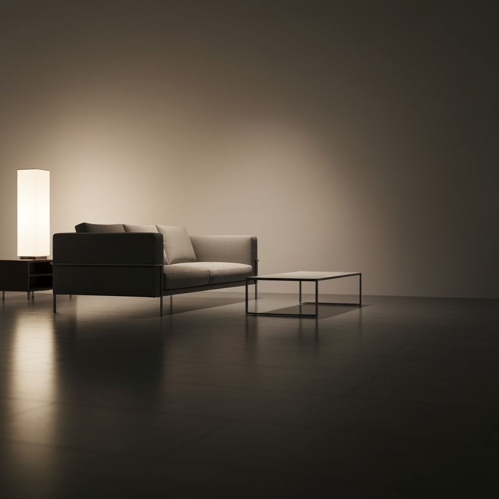 Dimly Lit Marble Room with French Couch, Futuristic Minimali...