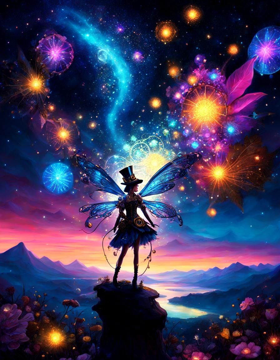 Steampunk Fairy Gazing at Starry Night Sky