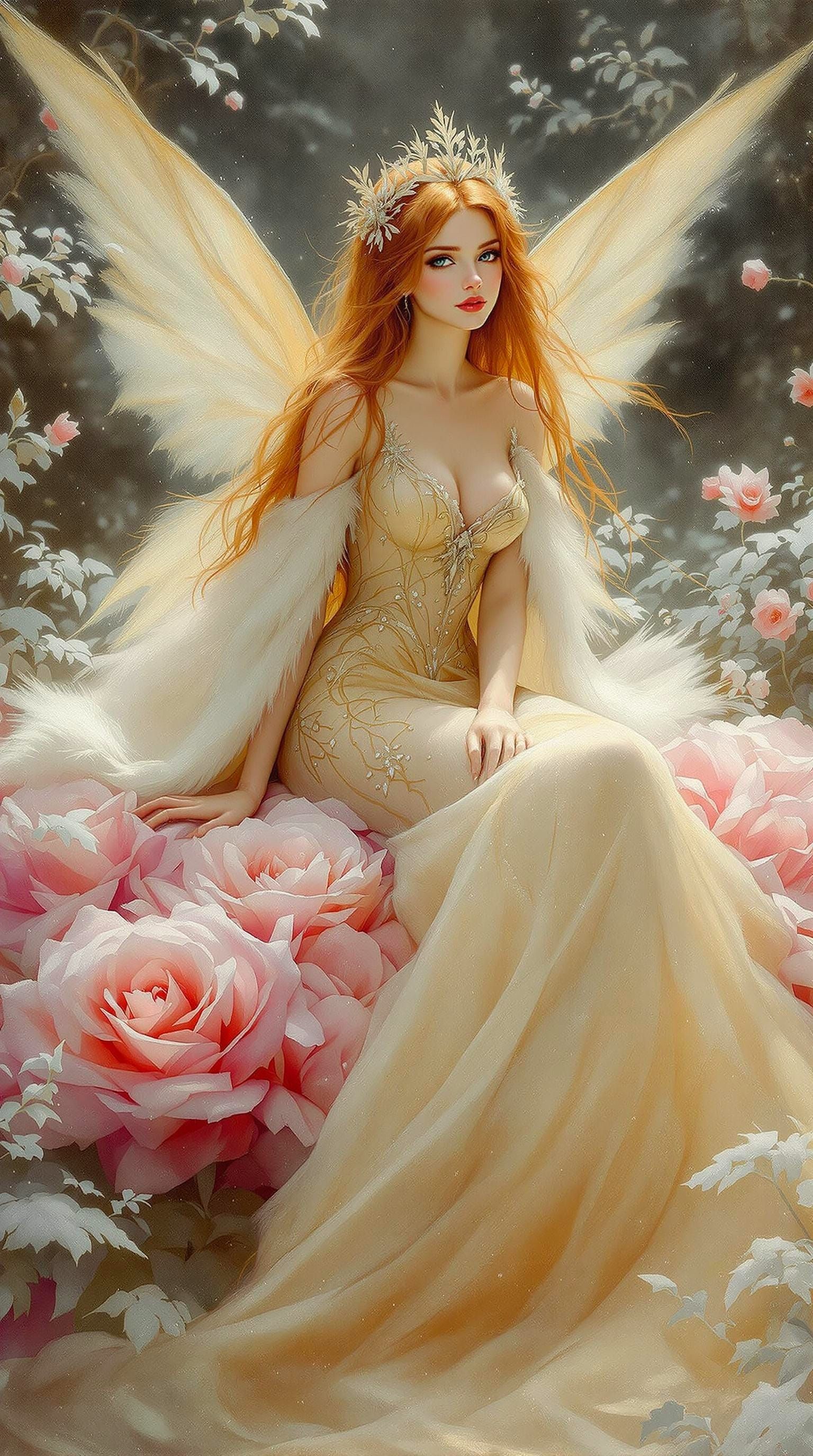 Fairy Woman on Rose in Fantasy Oil Painting Style