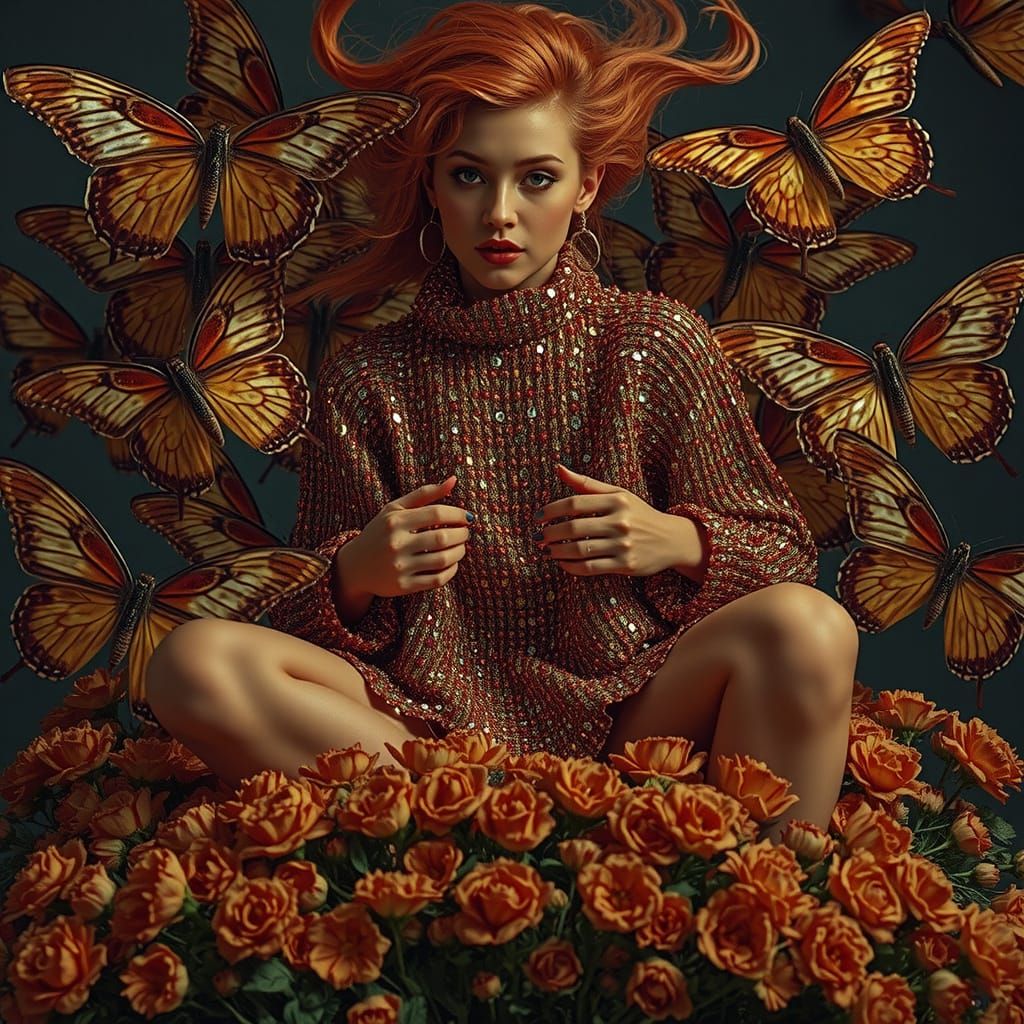 Beaded Figure on Velvet with Butterflies