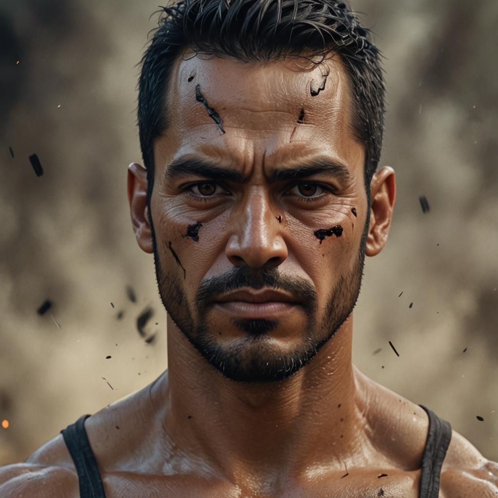Hyperrealistic Portrait of Latino Man with Burn Scar