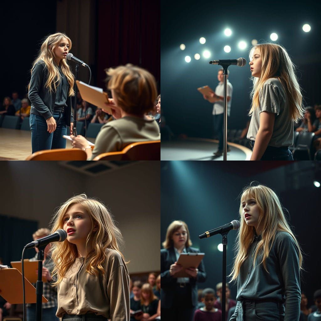 Teen Singer on School Stage in Hyperrealistic Style