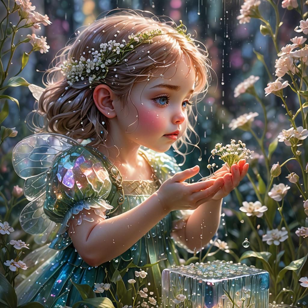 Fairy Applying Dewdrops: Iridescent Digital Art