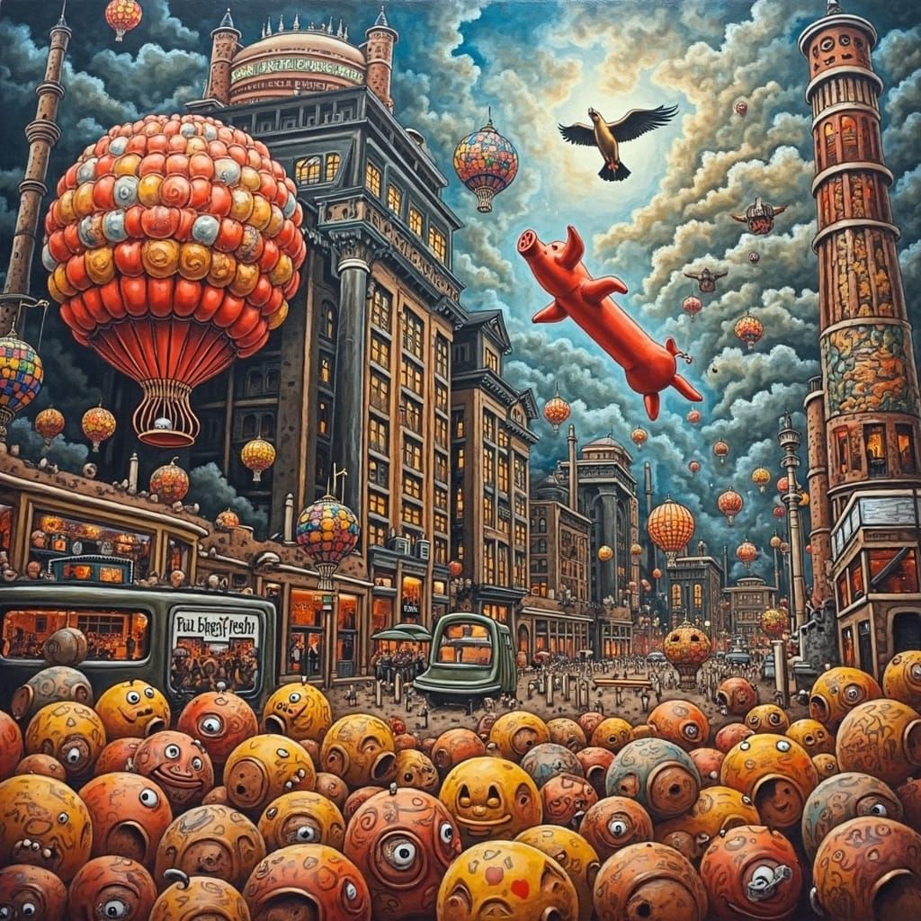 Battersea Power Station with Flying Pig in Comix Style