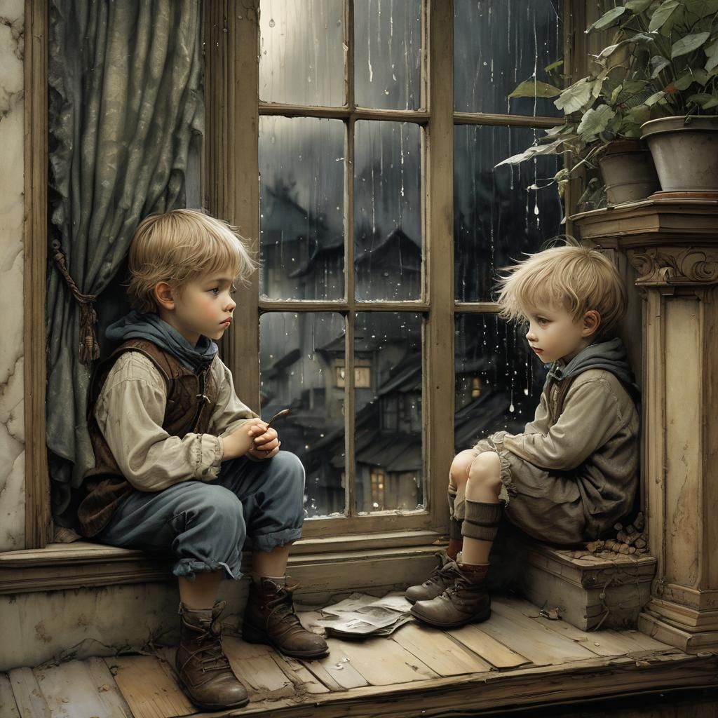 Children Watching Rain, Illustrative Fantasy Art