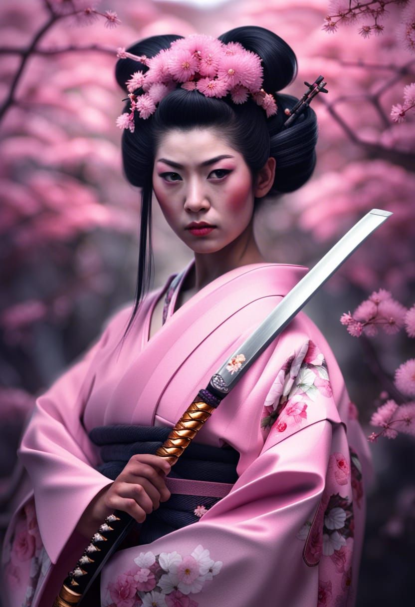 Geisha Warrior with Katana and Pink Kimono