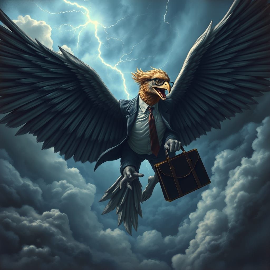 Griffin in Suit Soaring in Storm, Dramatic Lighting