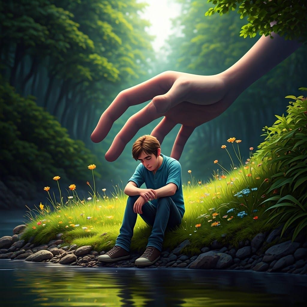 A Young Man Overwhelmed by a Gentle Giant in Whimsical 3D St...